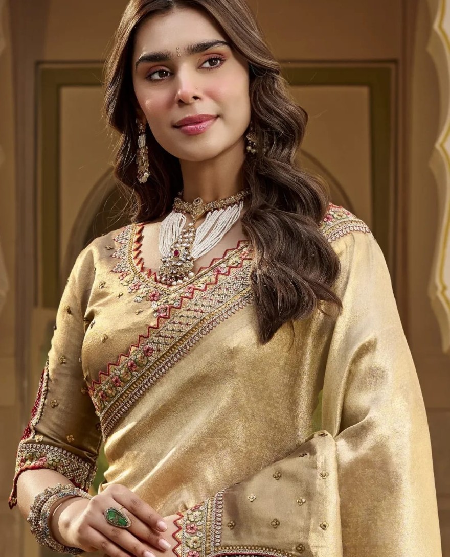 106 - Bronze Gold Embroidered Tissue Silk Saree with Stitched Blouse